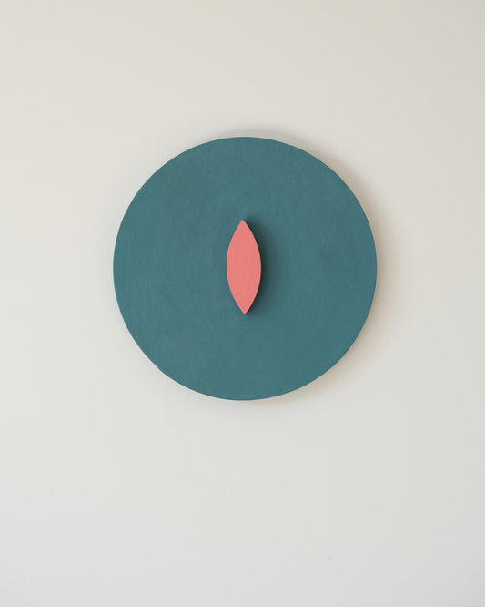 Teal circle with a pink leaf-like shape on a light gray background.  Unique 3D wall art by Olshbau, Gdansk.